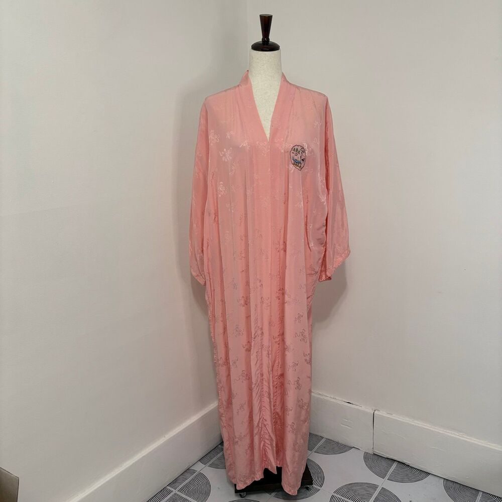 Vintage 50s Chinese Pink Floral Embroidered Kimono Robe Sz XL